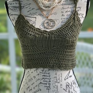 Handmade crochet crop bralette tank - Size S, Olive Green